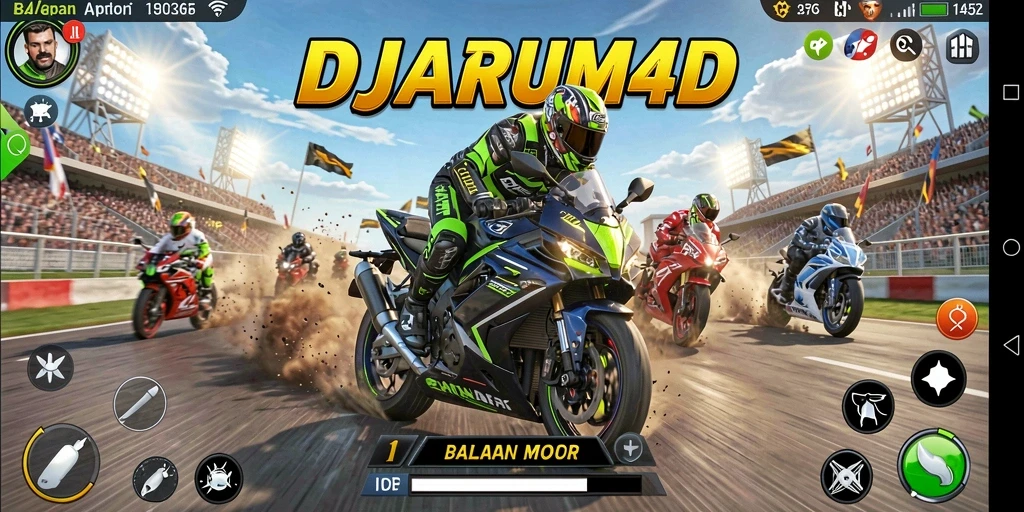 Screenshot gameplay DJARUM4D menampilkan balapan motor yang mendebarkan.