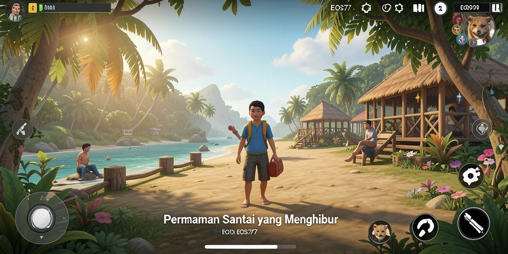Screenshot gameplay EOS77 menampilkan tantangan menarik di lingkungan yang cerah.