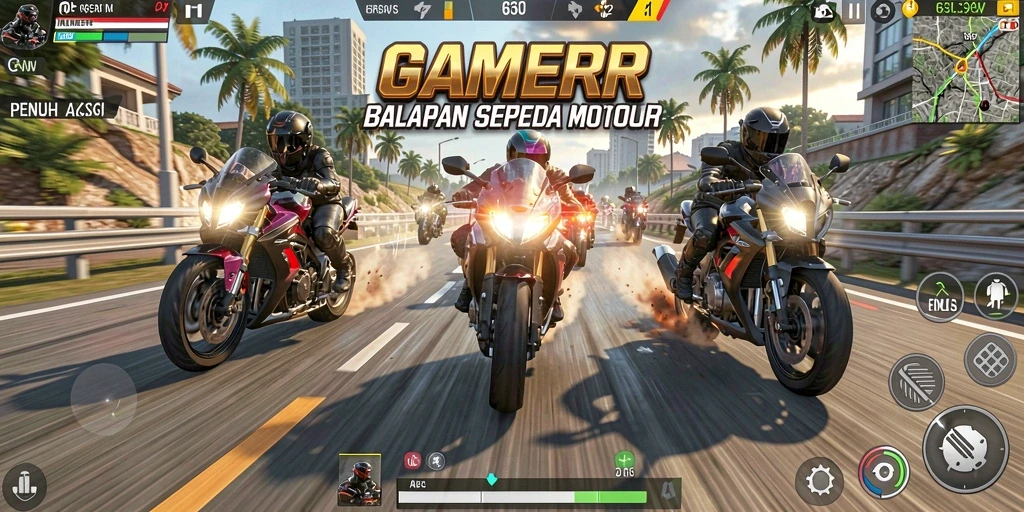 Tampilan gameplay GAMERP yang penuh aksi di jalur balap.