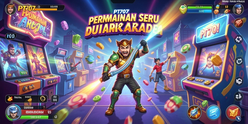 Tampilan gameplay PT707 yang menegangkan dalam dunia arcade yang penuh warna.