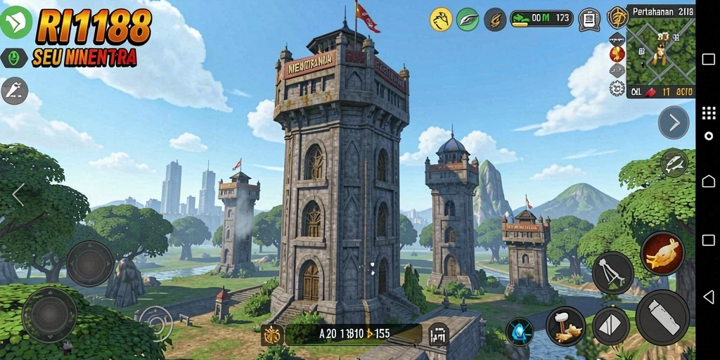 Screenshot gameplay RI188 menunjukkan menara pertahanan beraksi melawan musuh yang menyerang.
