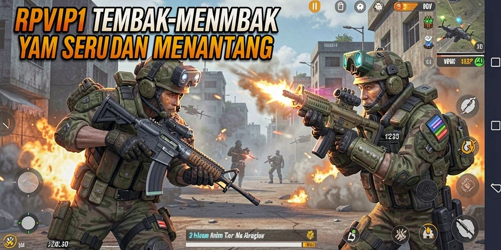 Screenshot utama RPVIP1 menampilkan aksi tembak-menembak yang seru di lingkungan yang realistis.