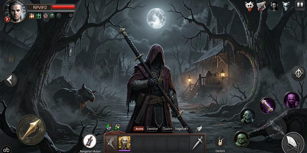 Screenshot gameplay Horror RPVIP2 menunjukkan suasana mencekam dan misterius.