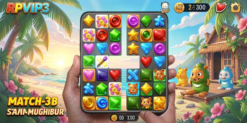 Tampilan gameplay RPVIP3 yang seru dalam menyelesaikan tantangan Match-3.
