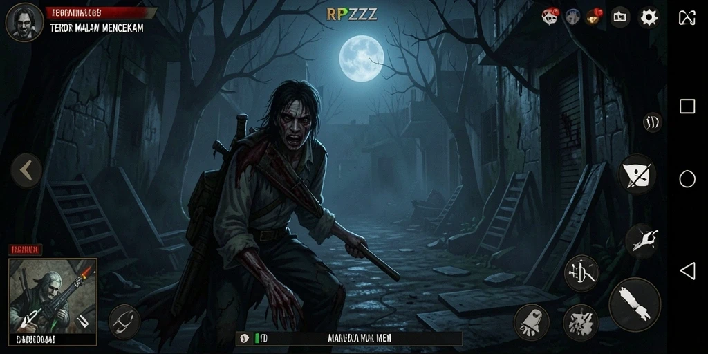 Screenshot gameplay RPZZZ menampilkan suasana mencekam di malam hari.
