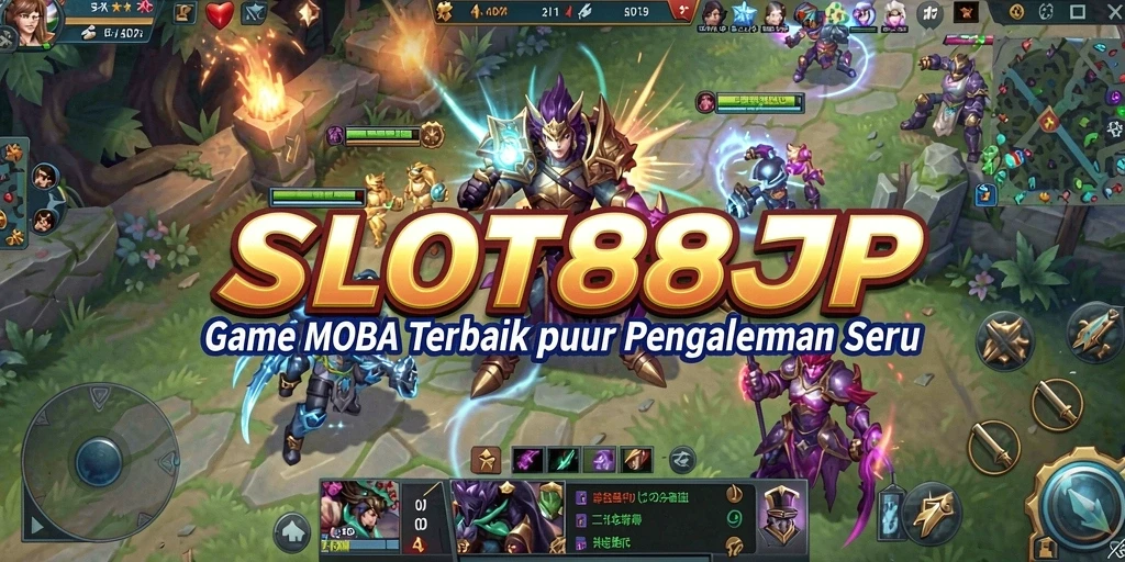 Screenshot gameplay SLOT88JP dengan aksi pertarungan sengit di arena MOBA.