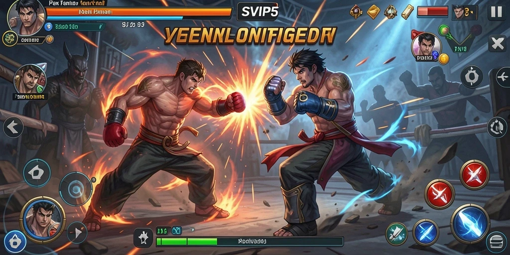 Screenshot SVIP5 menampilkan aksi pertarungan yang mendebarkan dengan karakter yang bertarung sengit.