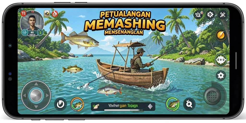 Tampilan gameplay T6 menampilkan momen memancing yang mendebarkan dan pemandangan yang indah.
